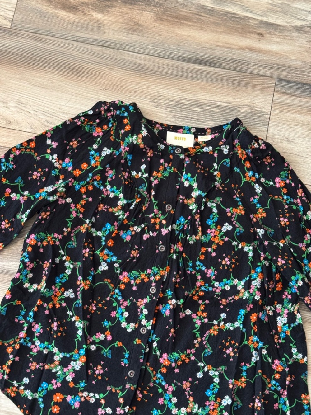Maeve Anthropologie Avignon Black Multicolored Floral Button Down Medium - Picture 3 of 7